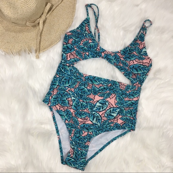 Leaf Print One Piece Cut Out Swimsuit - Picture 2 of 6